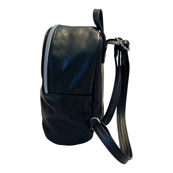 Cat-Face Faux Leather Mini Backpack – Black Perforated Whiskers Design – 9x8x4” - Picture 4 of 9